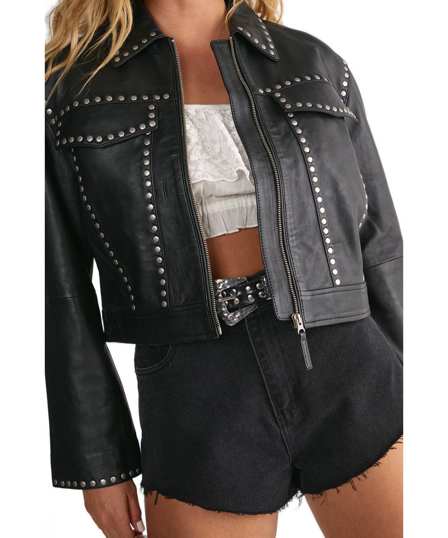 Women's Leather Studded Cropped Jacket