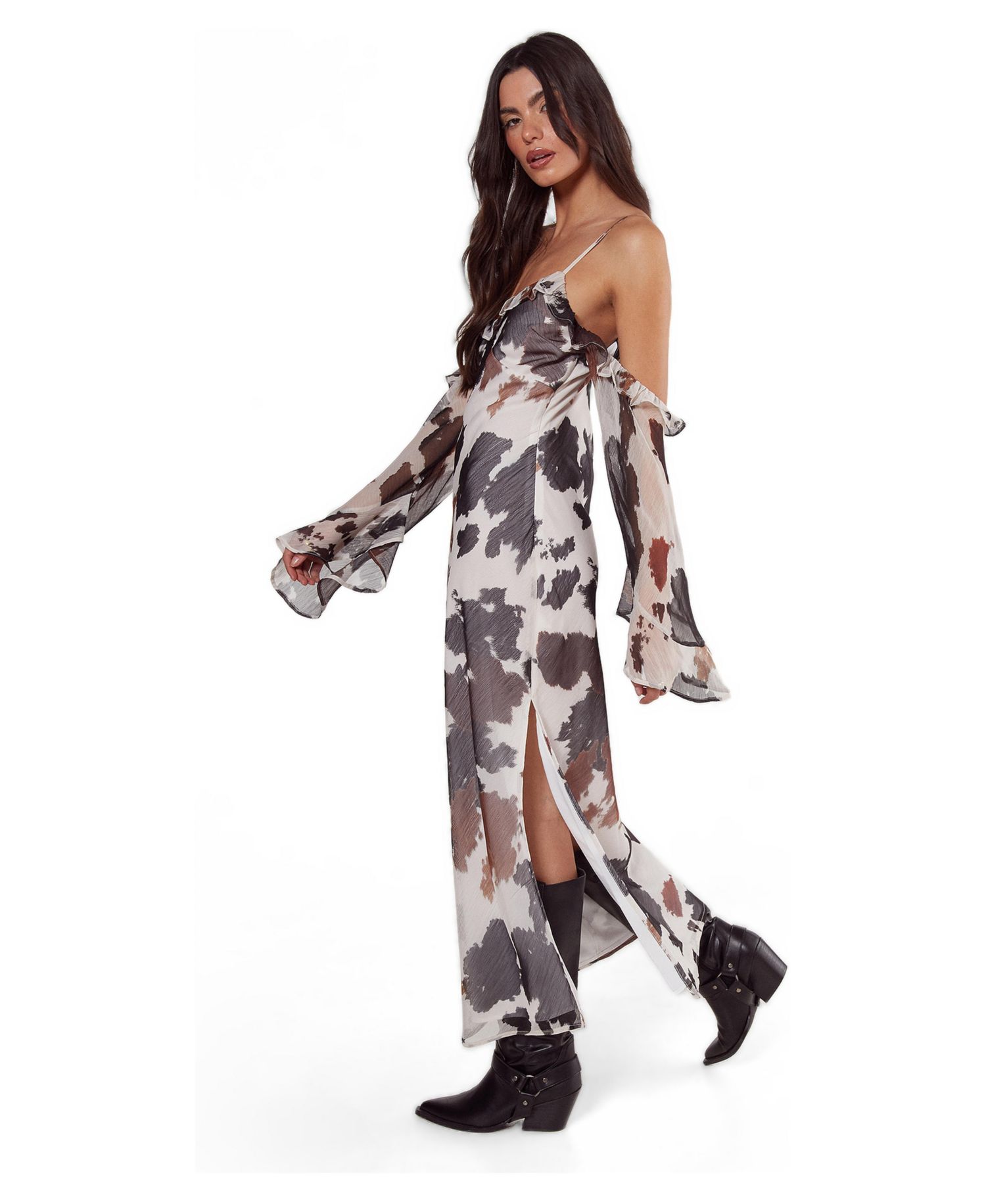 Women's Cold Shoulder Bias Cut Split Maxi Dress