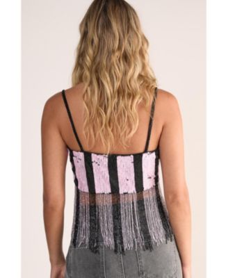 Women's Stripe Sequin Tassel Crop Top