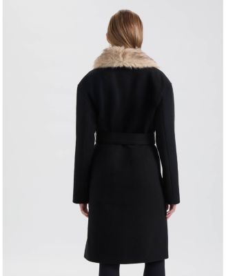 Women's Long Faux Wool Coat with Detachable Faux Fur Collar