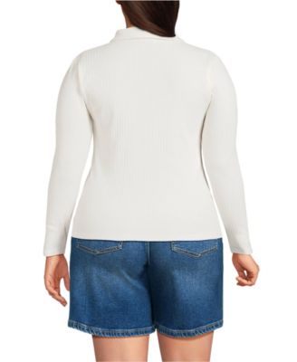 Plus Size Long Sleeve Pointelle Rib Keyhole Polo Top