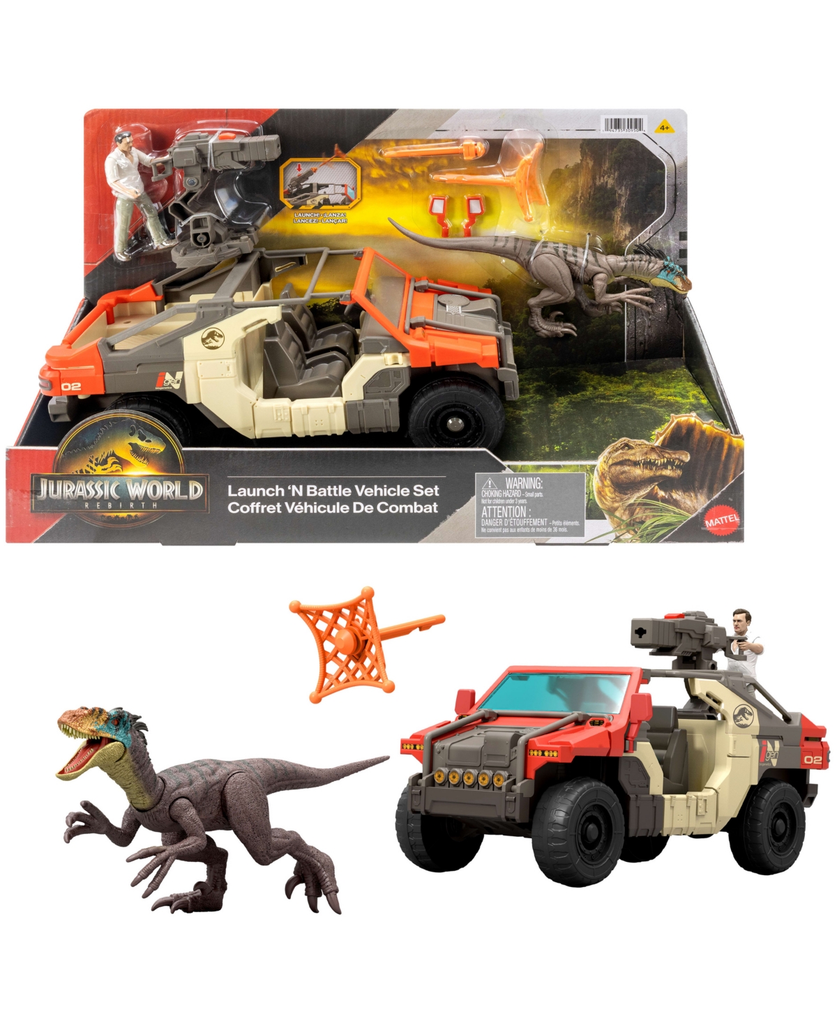 Jurassic World Rebirth Launch 'N Battle Vehicle with 1 Human and 1 Raptor Figure