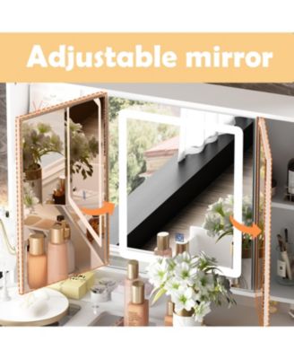 Glass Top 9-Drawers and 3-Mirrors Makeup Vanity Desk ,Dressing Table , Hidden Storage Shelves, LED Lighted