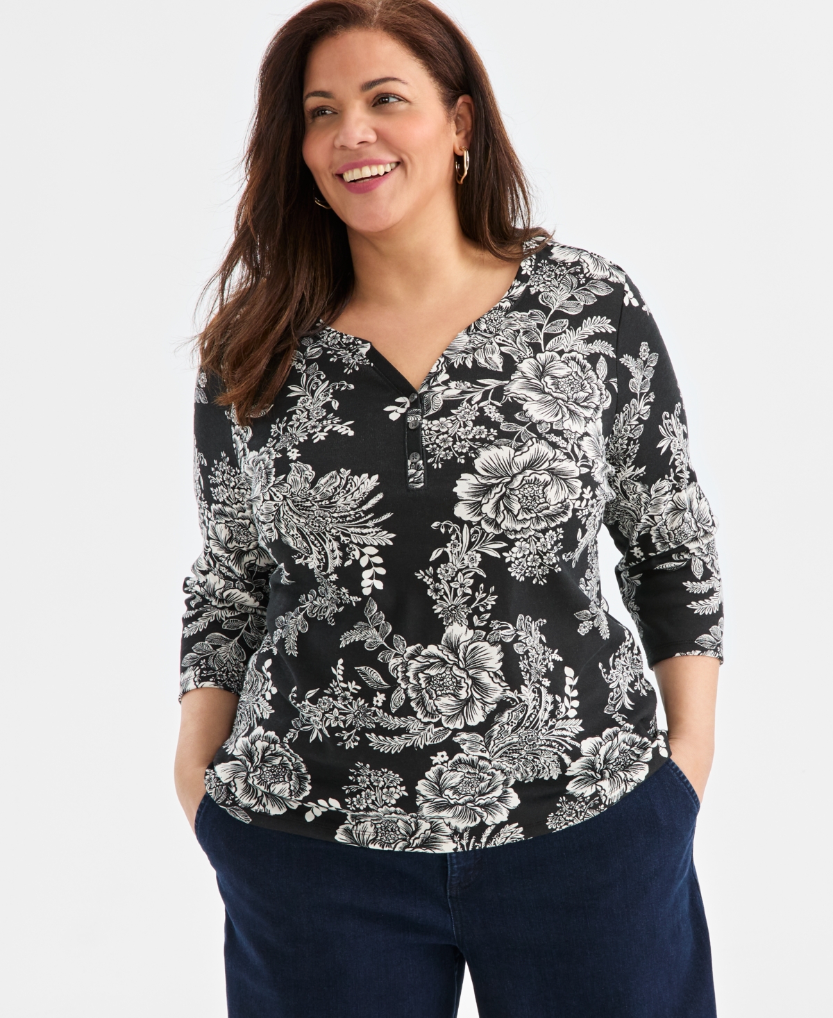 Style & Co Plus Size 3/4-sleeve Cotton Henley Top, Exclusively At Macy's In Black