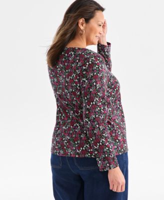 Plus Size PrintedScoop-Neck Long-Sleeve Top
