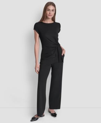 Women's Short Sleeve Rib Knit Waist Tie Detail Top