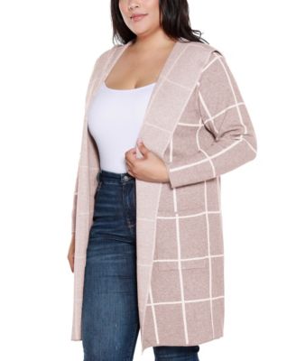 Plus Size Hooded Windowpane Plaid Cardigan Sweater