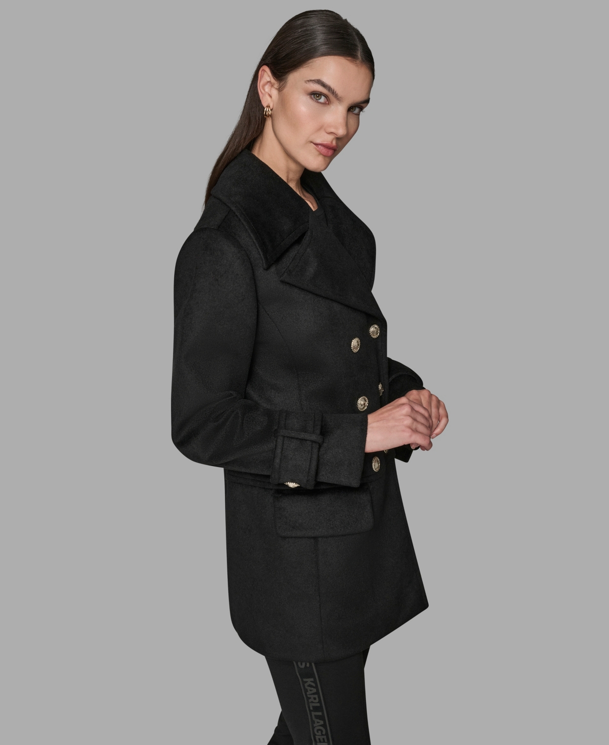 Karl Lagerfeld Paris Low Waist Double Breasted Wool Blend Peacoat In Black
