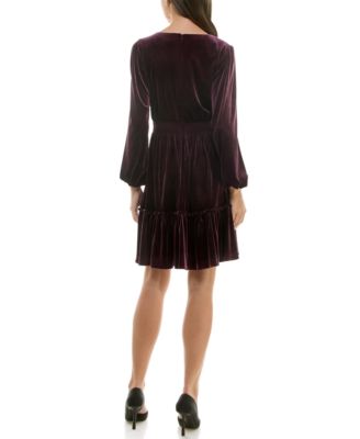 Petite V-Neck Long-Sleeve Smocked-Waist Velvet Dress