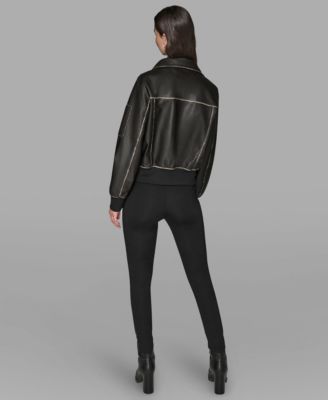 Petite Women's Knit-Trim Faux-Leather Jacket