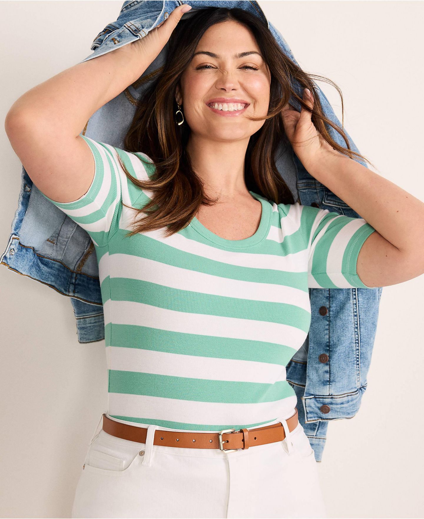 Женская футболка Lands' End Plus Size Drapey Rib Fitted Elbow Sleeve Scoop Neck, цвет: Зелёный полосатый — фото 4