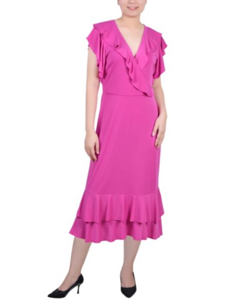 Женское платье NY Collection Short Flutter Sleeve Ruffle Neck, цвет: Пурпурный