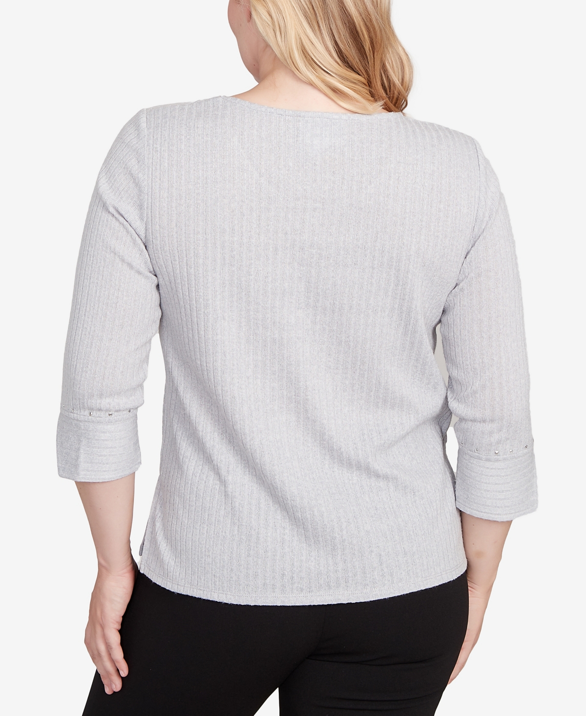 Alfred Dunner Jet Setter Heat Set Embellished Solid Knit Top In Gray