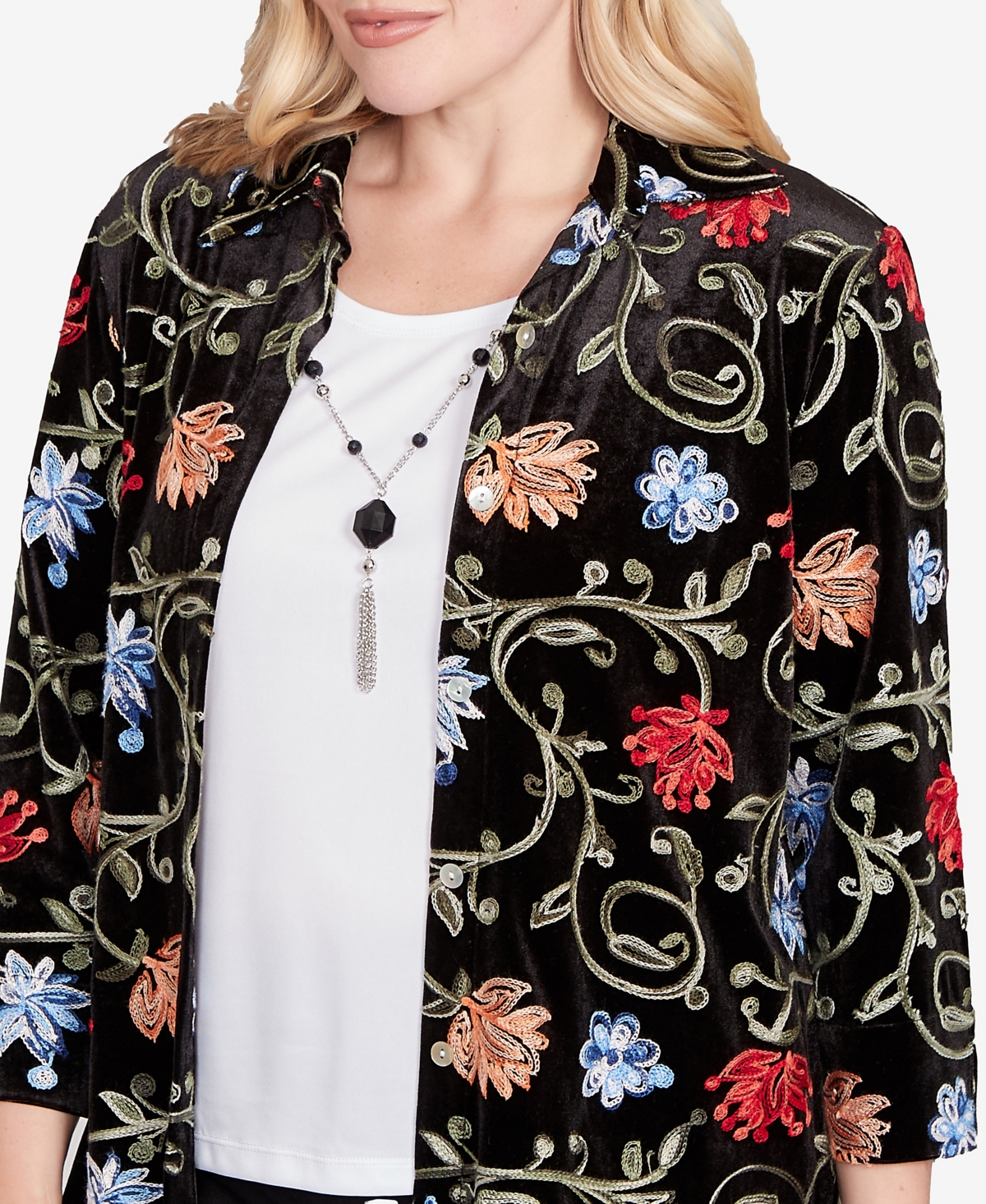 Alfred Dunner Jet Setter Rich Velvet Floral Two In One Top With Necklace In Black