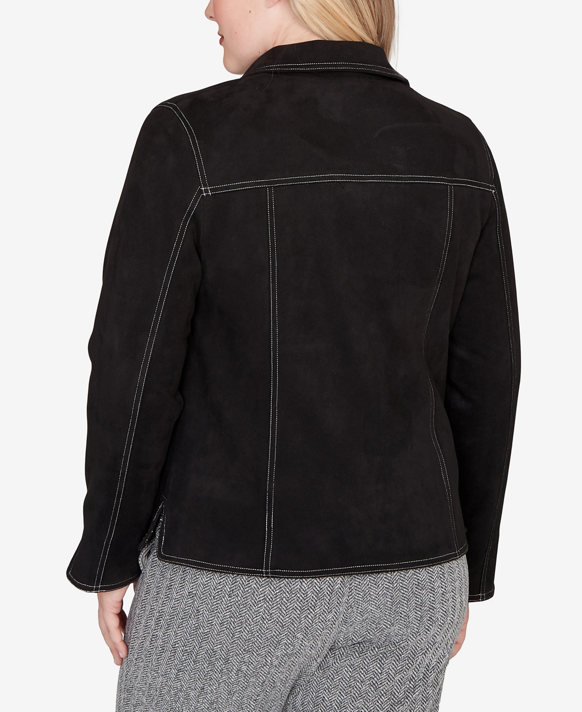 Alfred Dunner Jet Setter Print Lining Faux Suede Jacket In Black