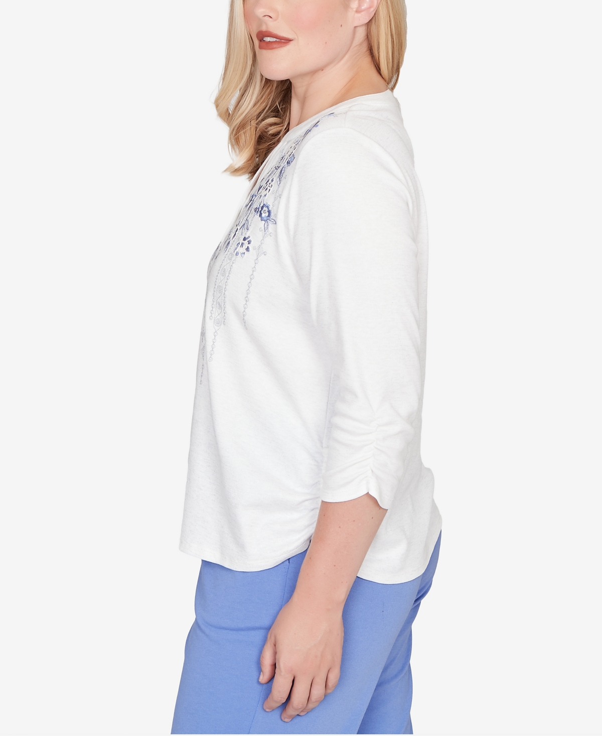 Alfred Dunner Plus Size Casual Vibe Geometric Floral Ruched Henley Top In White