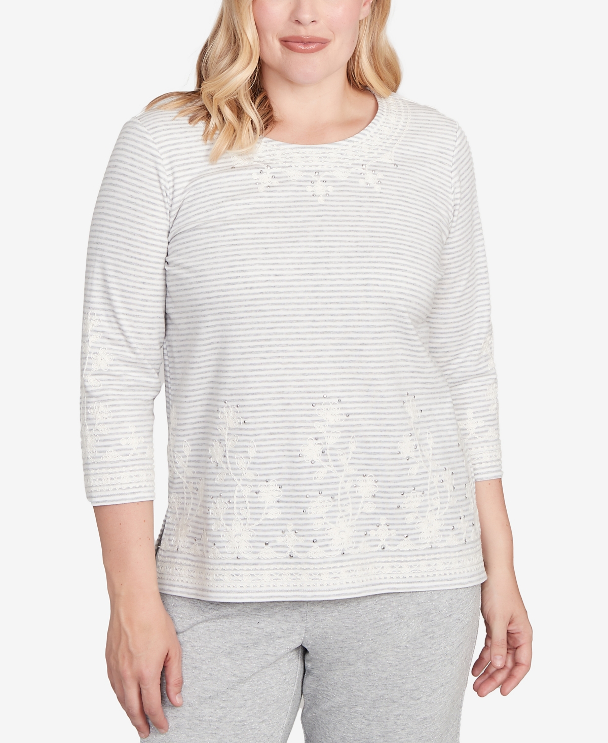Alfred Dunner Casual Vibe Embellished Striped Crew Neck Top In White