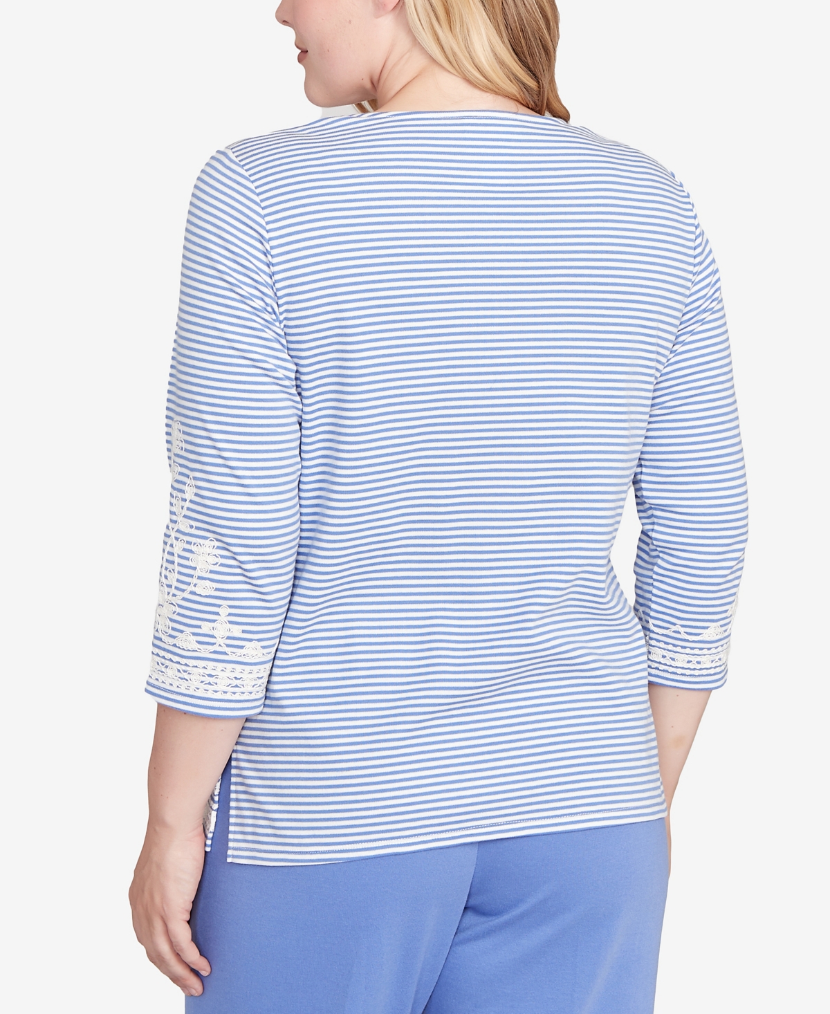 Alfred Dunner Casual Vibe Embellished Striped Crew Neck Top In White