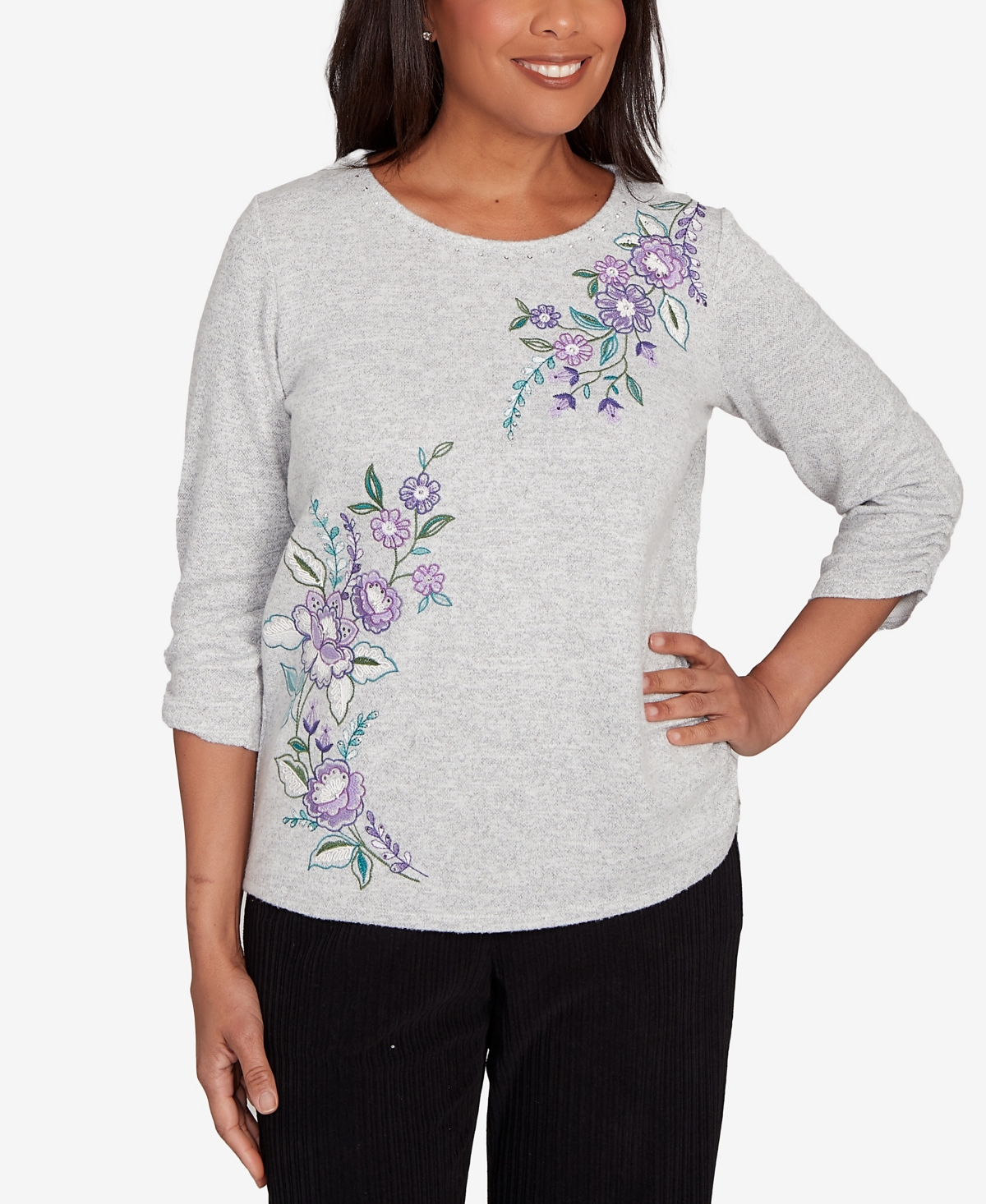 Alfred Dunner Lake Champlain Embroidered Flowers With Side Tie Ruching Top In Gray