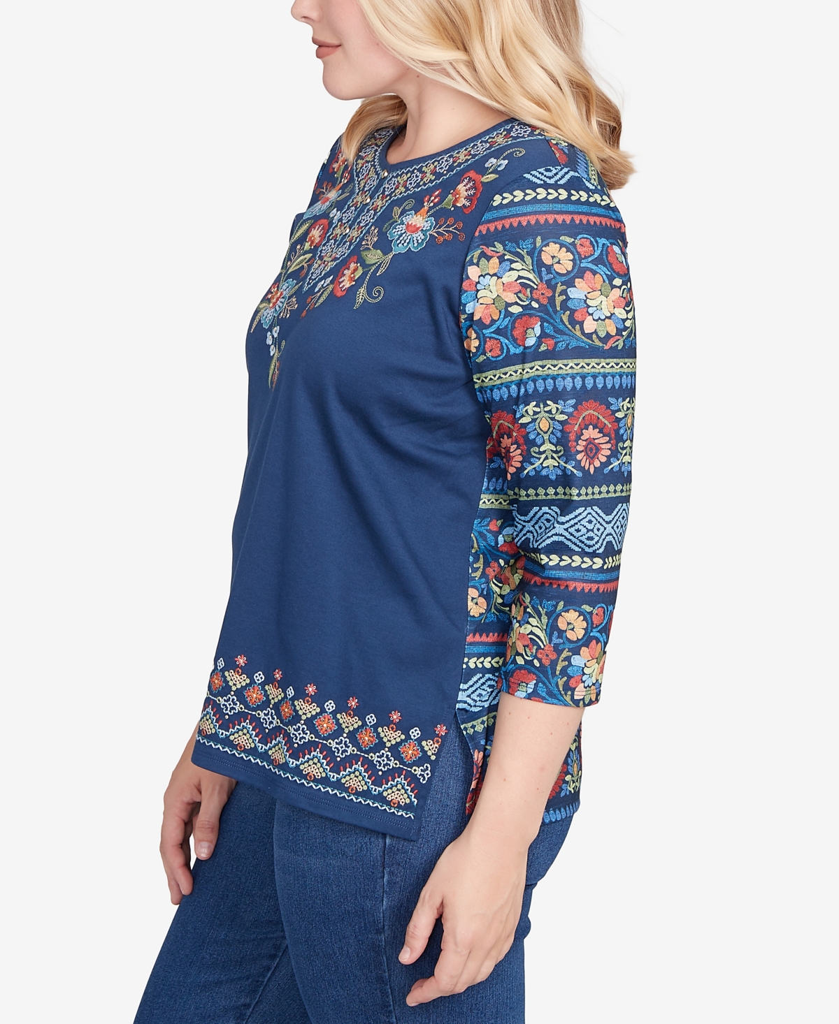 Alfred Dunner Sunset Canyon Printed Sleeve Floral Embroidered Top In Blue