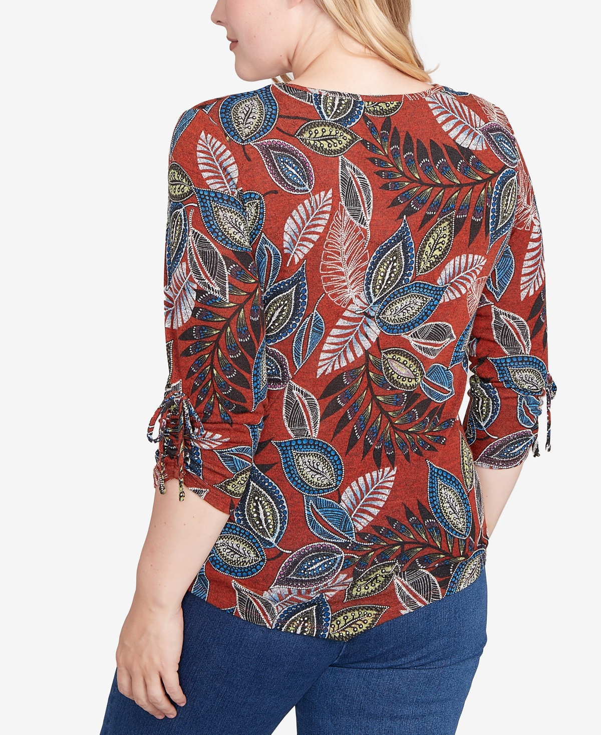 Alfred Dunner Women's Sunset Canyon Batik Leaves Melange Asymmetrical Top In Multi