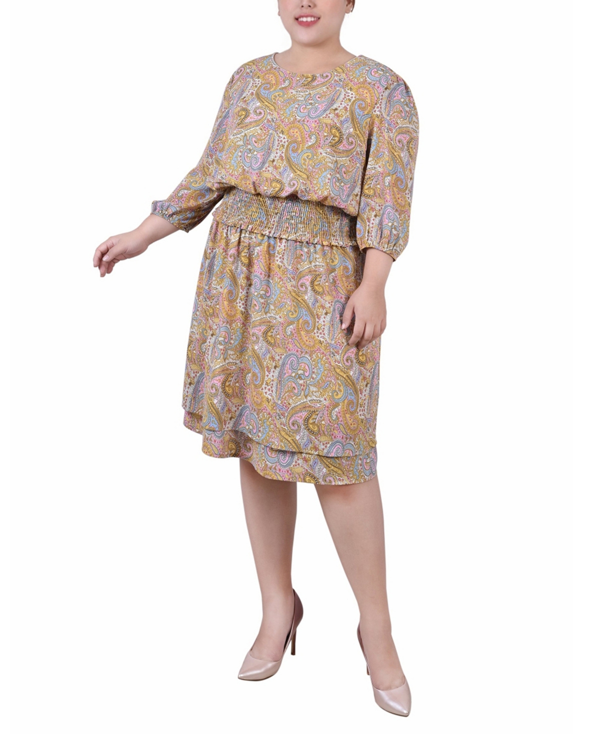 Ny Collection Plus 3/4 Sleeve Dobby Smocked Waist Dress