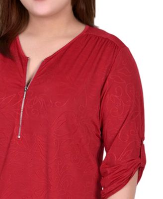 Plus Size 3/4 Roll Tab Zip Front Jacquard Knit Top