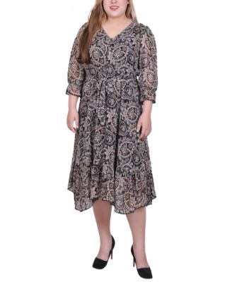 Plus Size 3/4 Sleeve V-Neck Flounced Dress