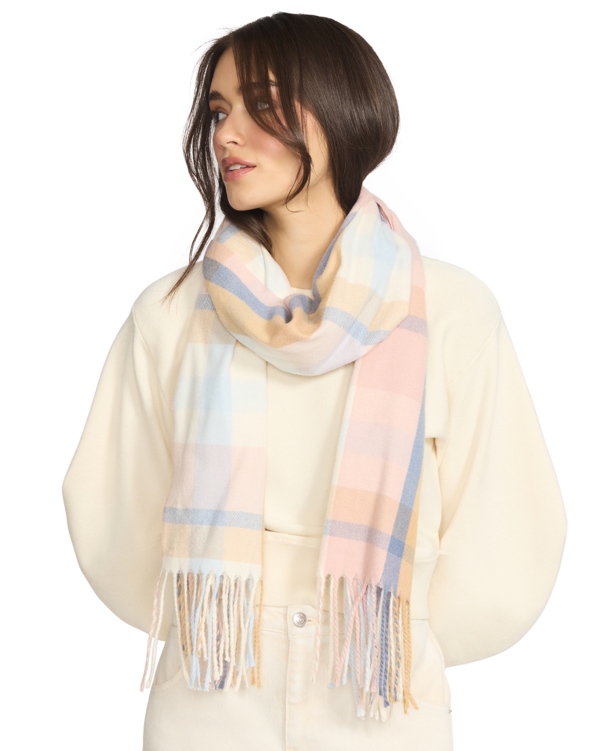 Steve Madden Women's Color Blocked Out Plaid Fringe Scarf