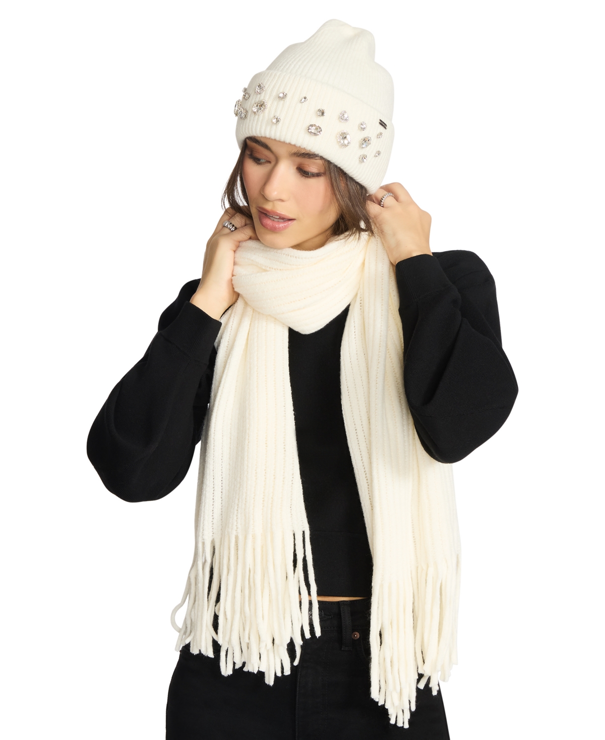 Steve Madden Women's Embellished Beanie and Knit Scarf Holiday Gift Set, 2-Piece