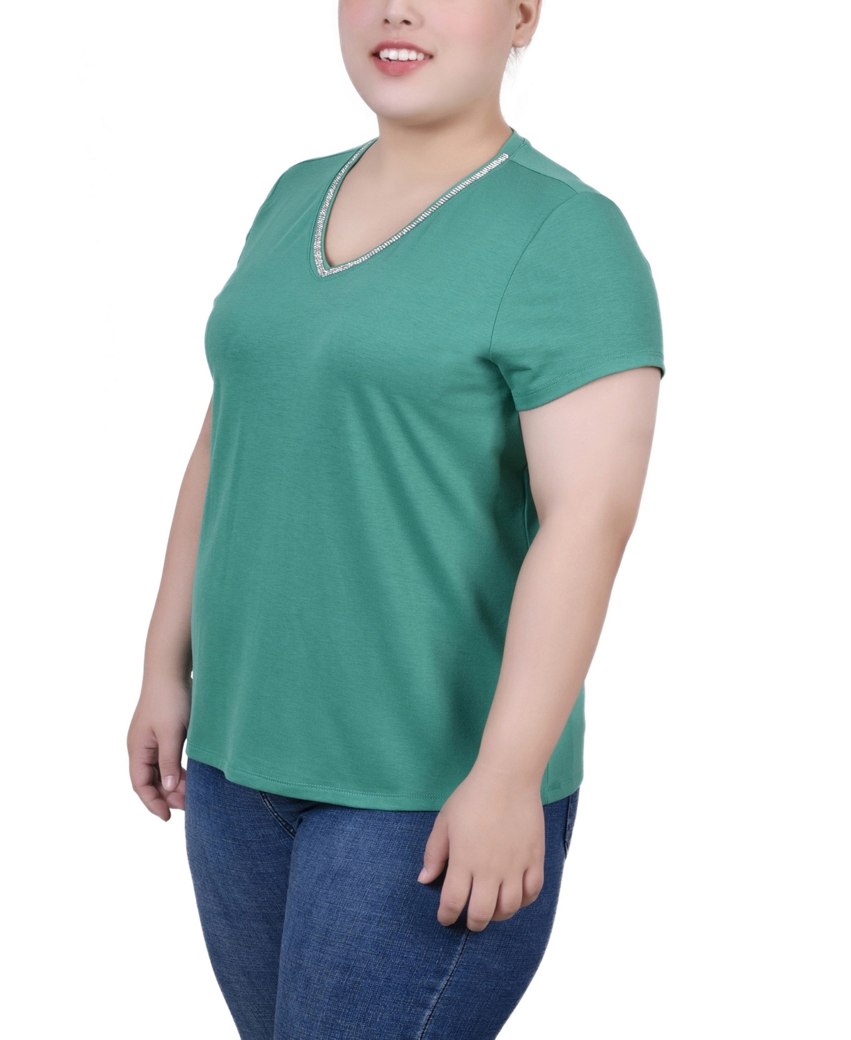 Ny Collection Plus Size Short Sleeve Top With Stone Details In Green