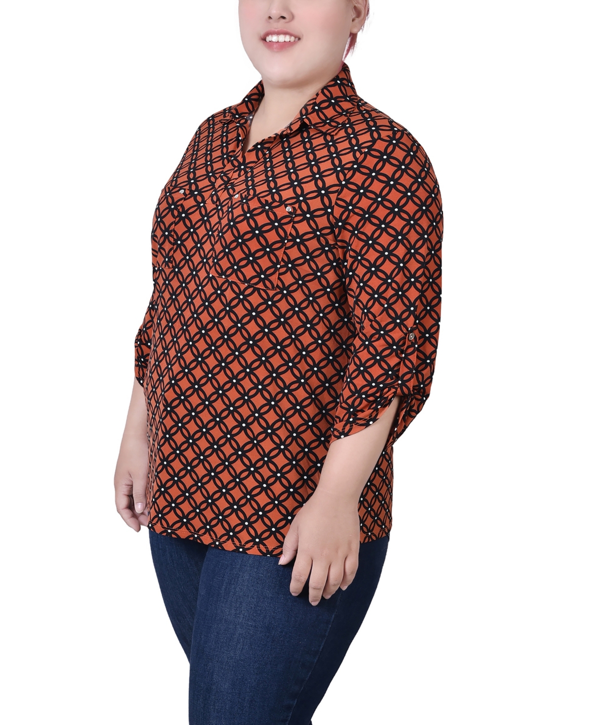Ny Collection Plus Size 3/4 Sleeve Roll Tab Notch Collar Blouse In Brown