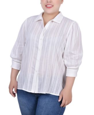 Plus Size 3/4 Puff Sleeve Cotton Jacquard Top