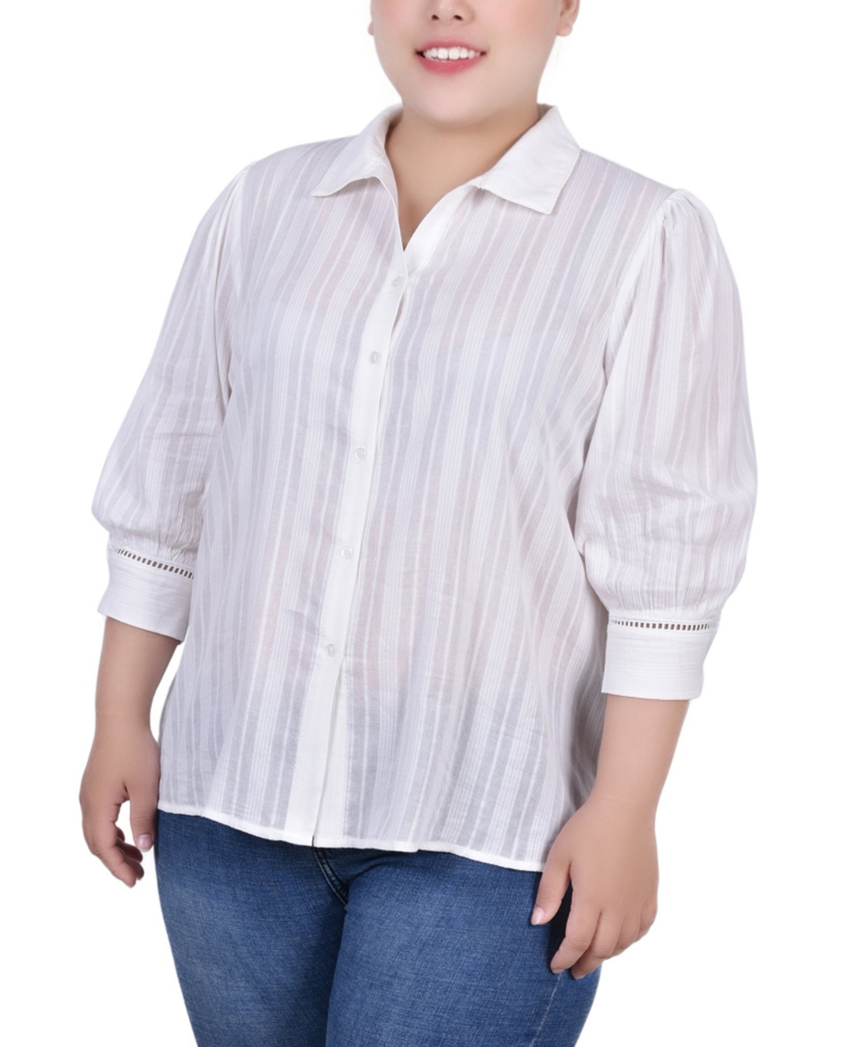 Ny Collection Plus Size 3/4 Puff Sleeve Cotton Jacquard Blouse In White