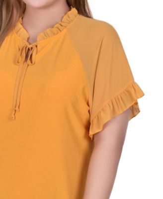 Plus Size Short Ruffled Sleeve Crepe Knit Top with Chiffon Sleeves