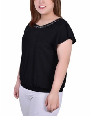 Plus Size Short Flutter Sleeve Top with Studded Neckline