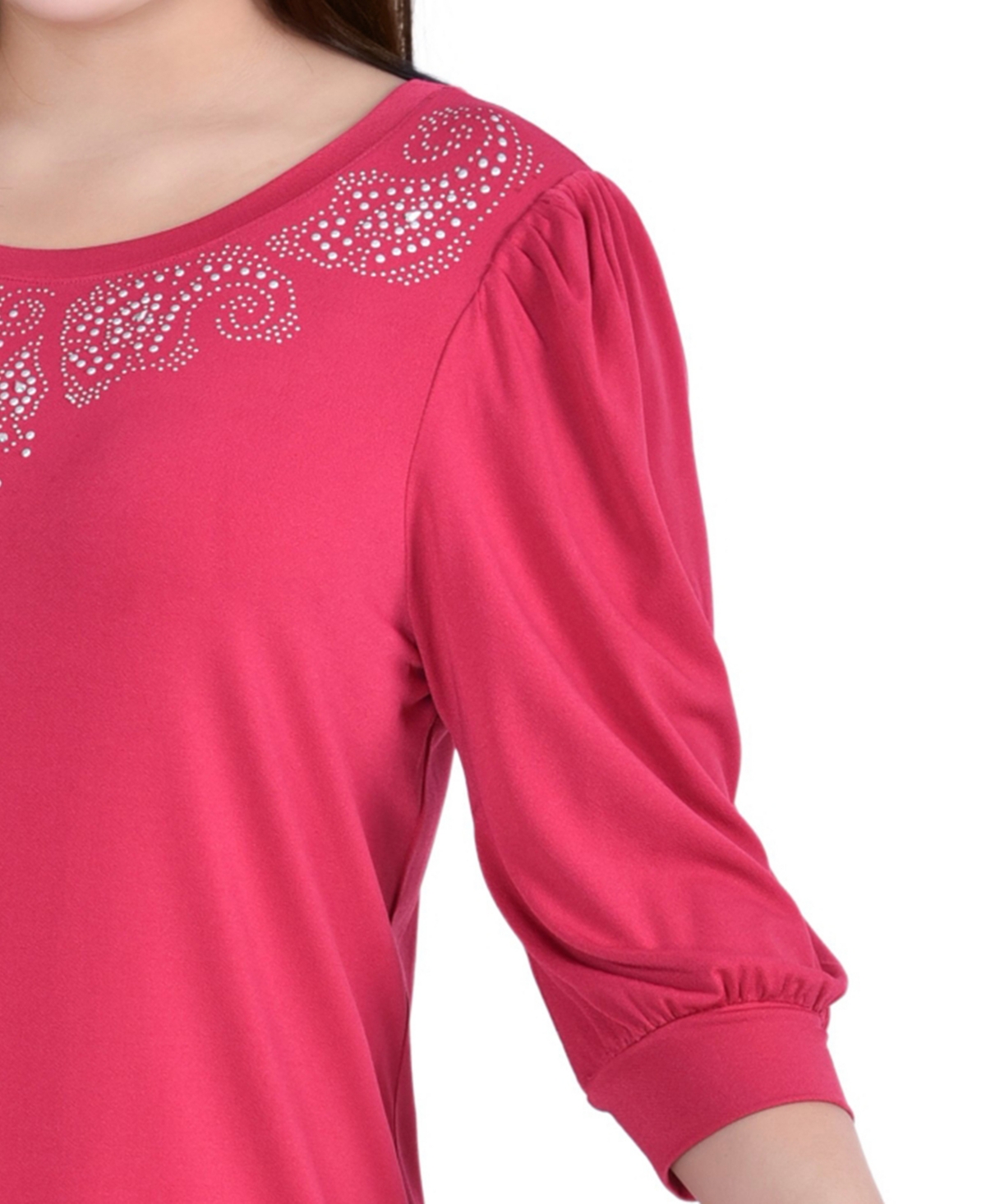 Ny Collection Plus Size 3/4 Sleeve Stone Detail Top In Pink
