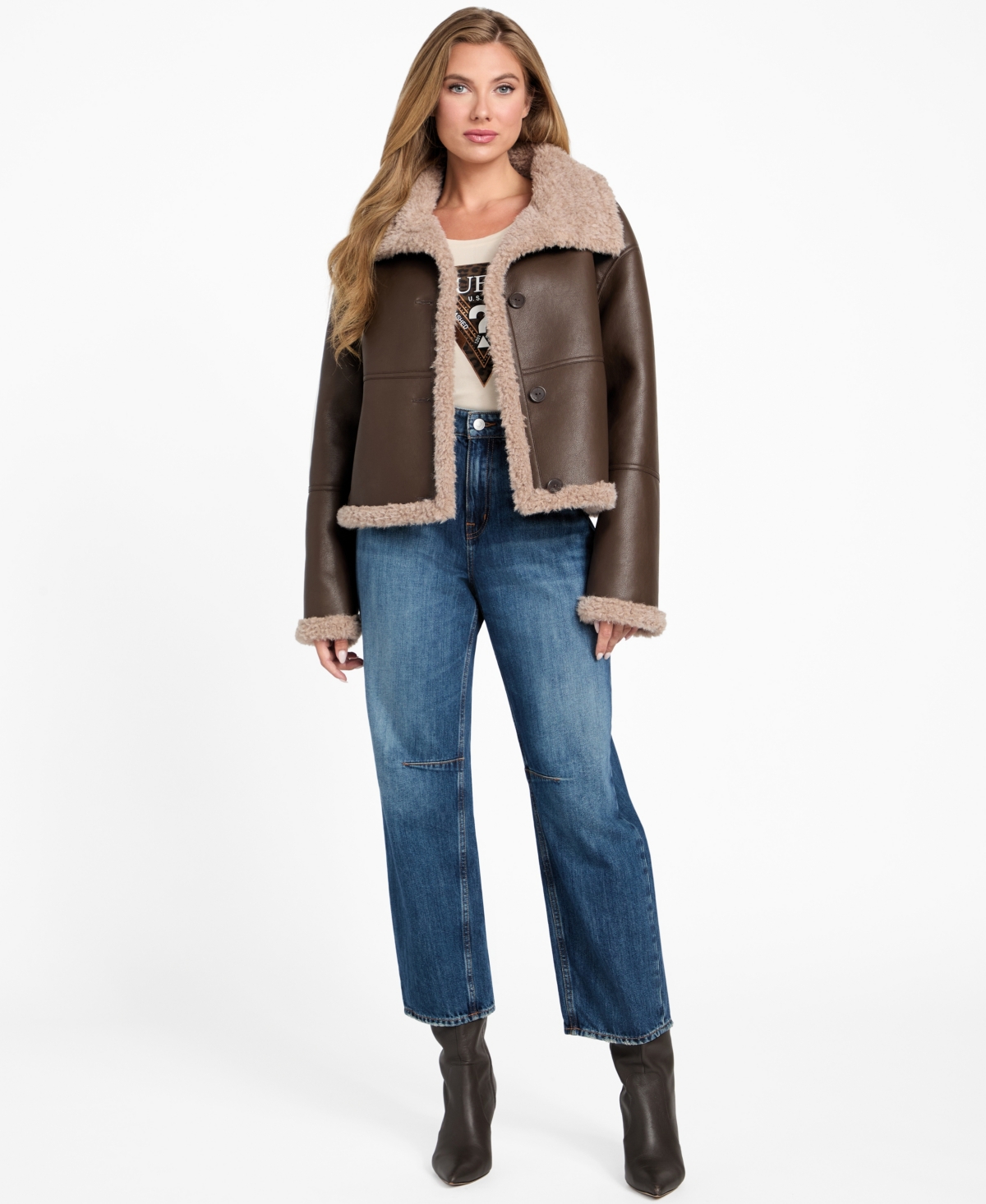 Guess Women's Stand-collar Faux-shearling Coat In Brown