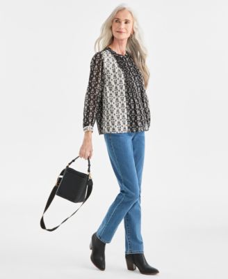 Women's Printed Pintuck Shine Blouse