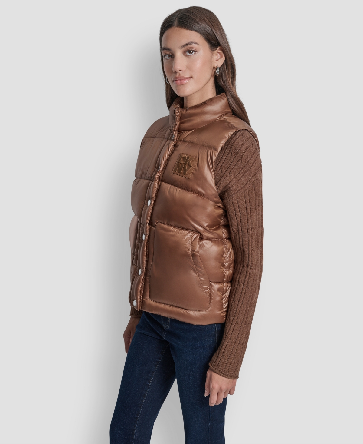 Dkny Jeans Women's Quilted Mock Neck Puffer Jacket In Brown