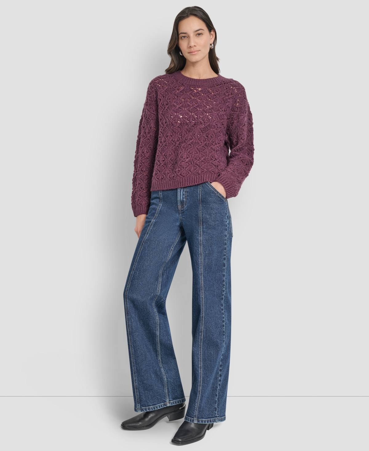 Dkny Jeans Women's Pointelle Long Sleeve Sweater In Burgundy