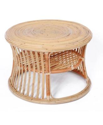 - Natural Rattan and Beige Fabric Pouf Exotic Boho Upholstery Living Room