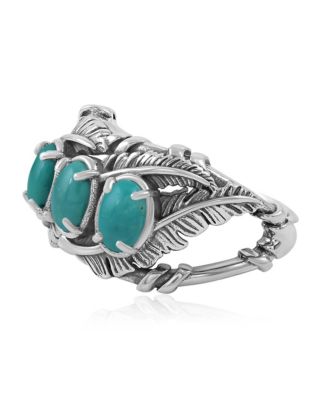 Sterling Silver Green Turquoise Three Stone Feather Ring, Sizes 5 to 11