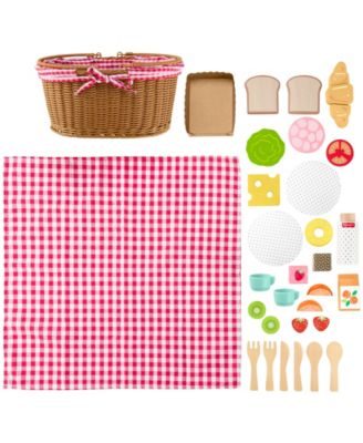 Wooden Picnic Basket and Food Pretend Play Set, 31 Wood Pieces