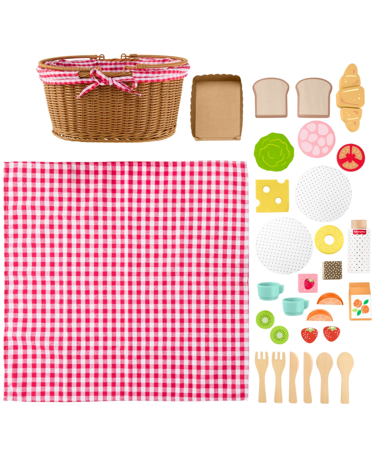 Fisher Price Wooden Picnic Basket And Food Pretend Play Set, 31 Wood Pieces In Brown