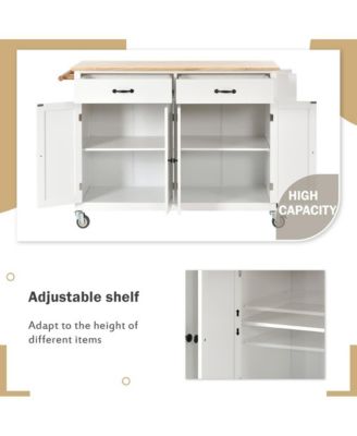 54.3" Wide Solid Wood, MDF 4-Door Cabinet, 2 Drawers, Spice Rack, Towel Bar, Locking Wheels Kitchen Island Cart