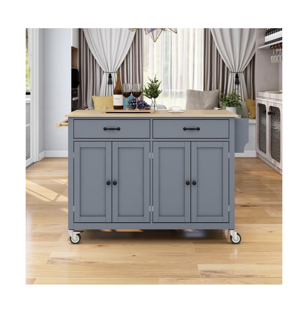 54.3" Kitchen Island Cart, Kitchen Storage Cabinet with Solid Wood Top, 4-Door Cabinet, 2 Drawers & Locking Wheels-Maison Boucle