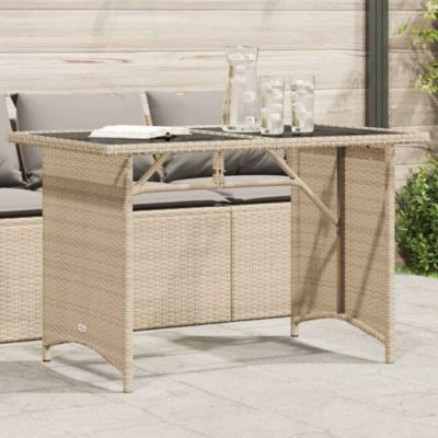 Garden Table Beige PE rattan, powder-coated steel, tempered glass