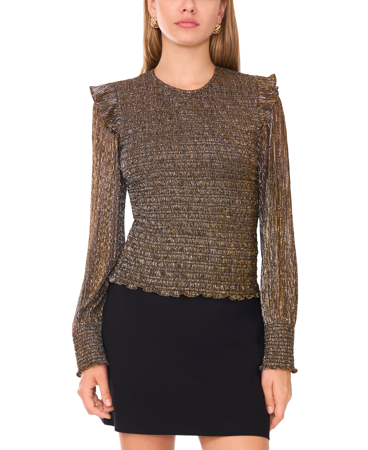 1.state Sheer Shoulder Long Sleeve Blouse In Brown