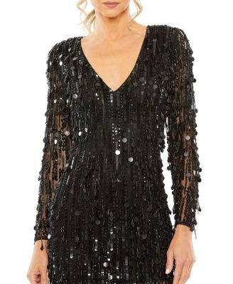 Women's Beaded Fringe Detail Dress with Plunging Neckline and Long Sleeves